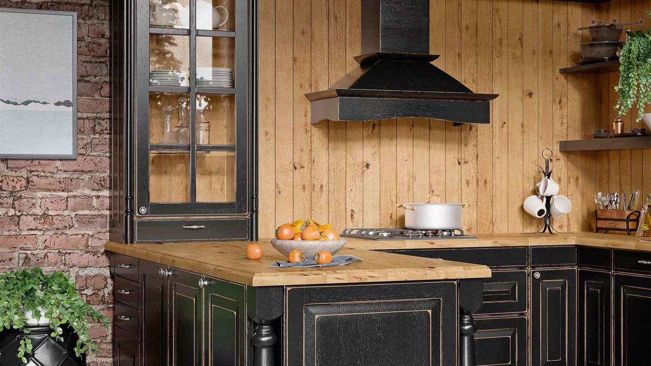 Küche mit Holzpanellen an der Wand
