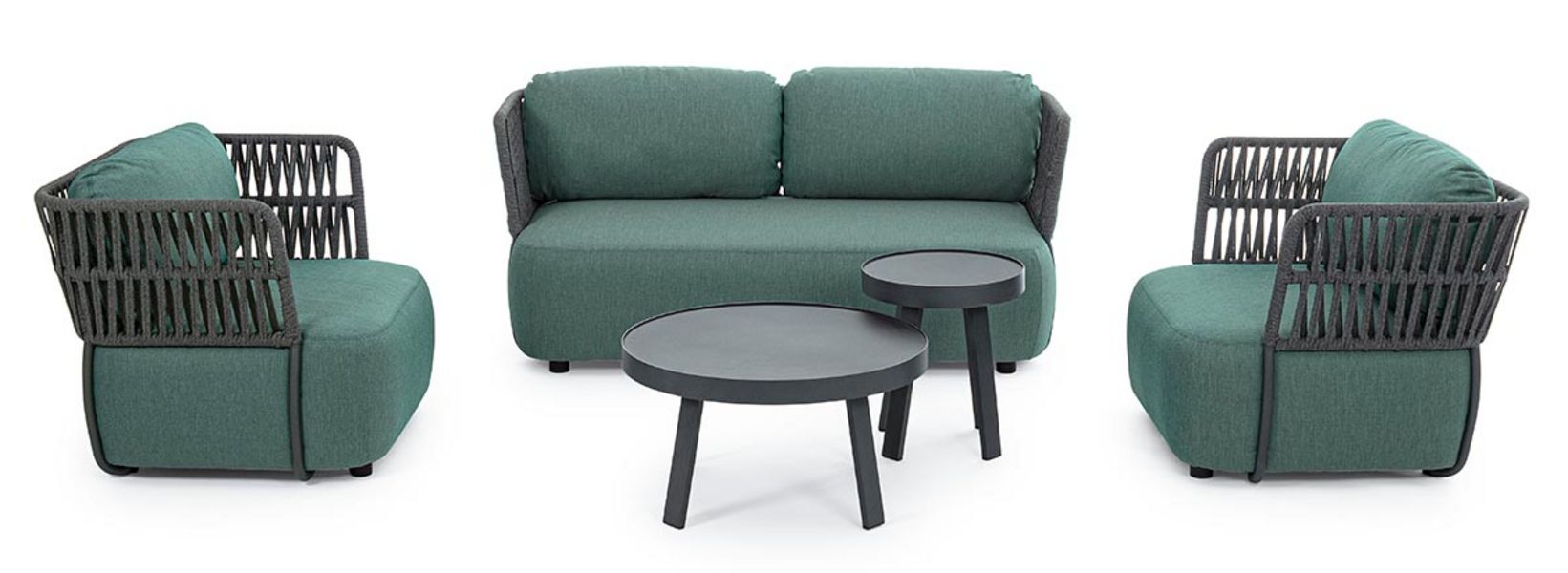 Gartensofa grün mit passenden Sessel und tisch